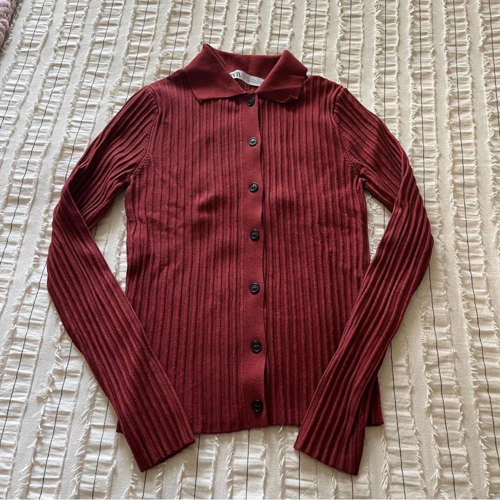 Zara Rust Ribbed Button-Up Cardigan